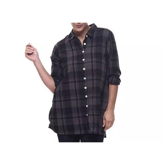 TULIP whiskey Plaid XS button Down Shirt NWT Cotton Black Gray Bustle Back lagen - Picture 5 of 8